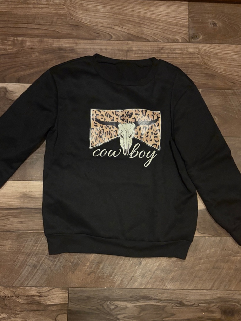 Black 'Cowboy' Graphic Sweatshirt with Leopard Accent